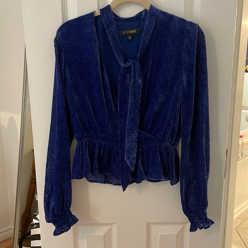 Intermix blue velvet top with neck tie